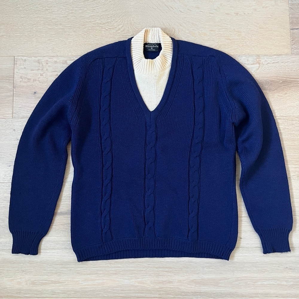 Vintage Gimbels 100% Wool Navy Cable Knit Sweater Sz L Unisex Classic Retro*Q19